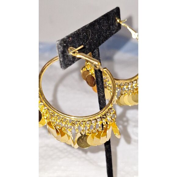 Gold Tone Dangle Drop Earrings Pierced Harem Turkish Style Hoops Elegant Evening - Picture 3 of 8